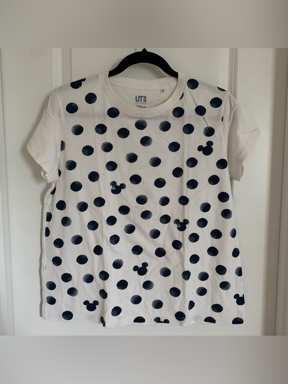 Uniqlo Disney White Tee with Navy Polka Dots and Mickey Motifs, XL